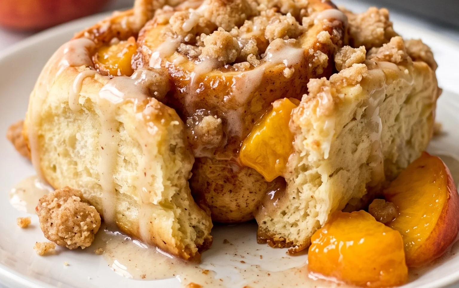 Peach Cobbler Cinnamon Rolls with Crumb Topping