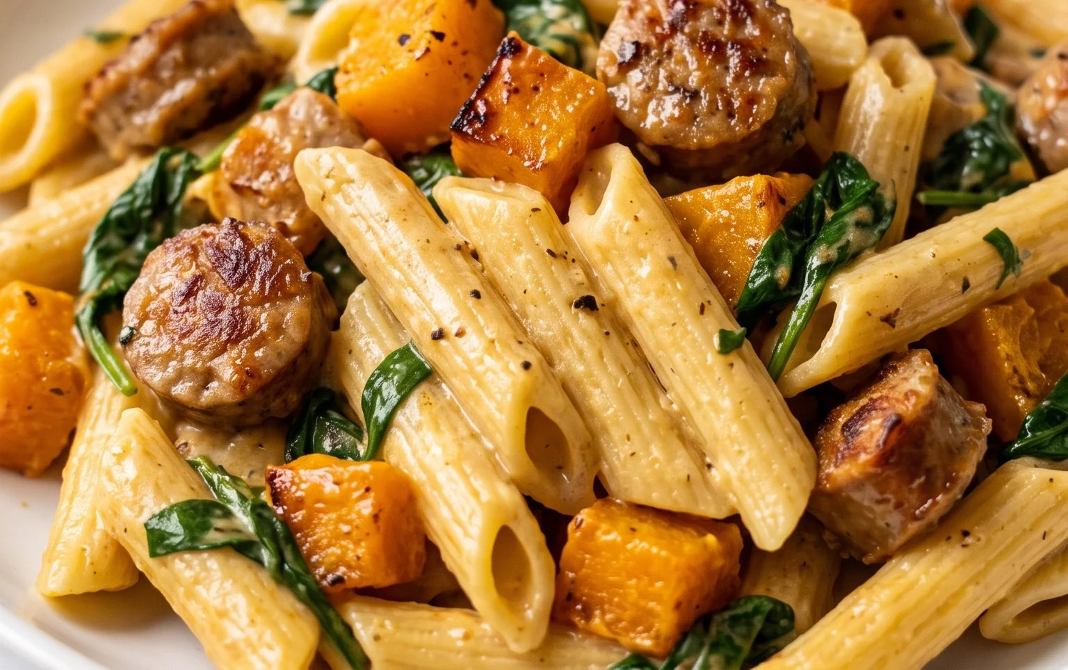 Creamy Roasted Butternut Squash Pasta with Sausage and Spinach